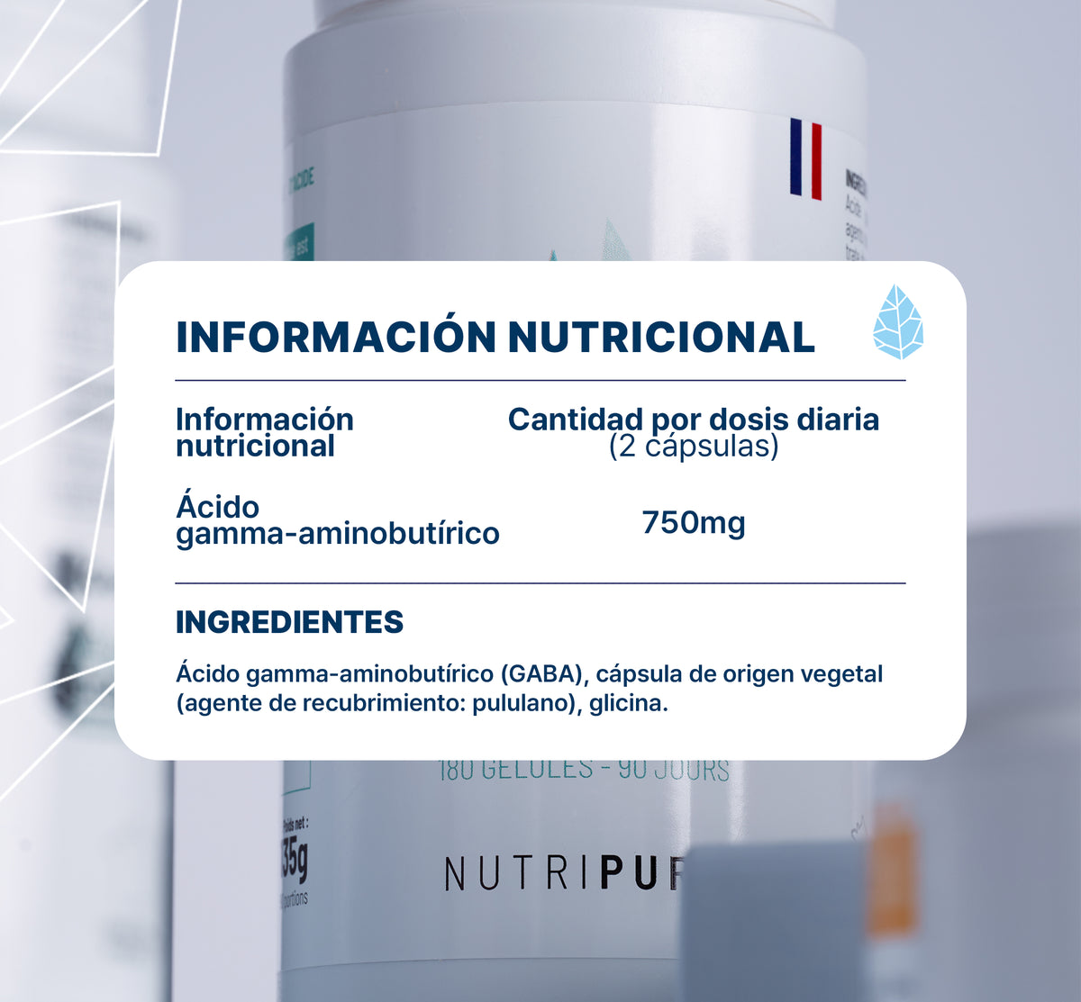Valores nutricionales de GABA Nutripure, 3x180 cápsulas (9 meses)
