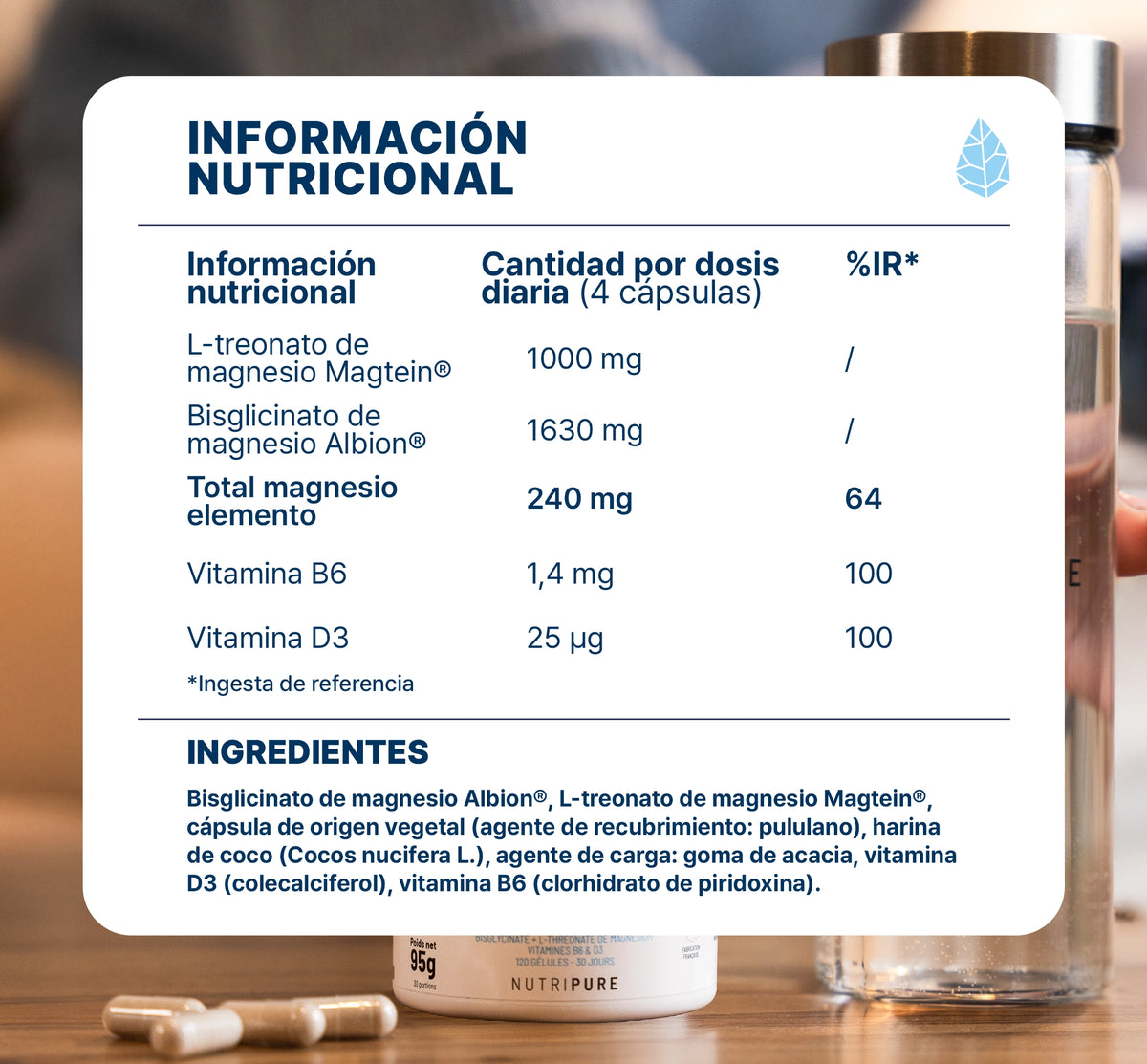Valores nutricionales de NeuroMagné² L-treonato de magnesio Nutripure, 6x120 cápsulas (6 meses)