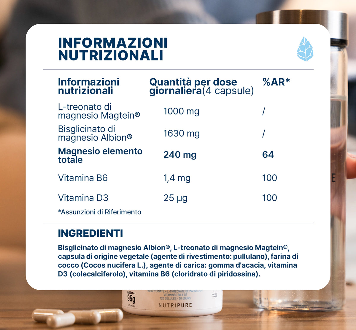 Valori nutrizionali di NeuroMagné² magnesio L-treonato Nutripure, 120 capsule (1 mese)