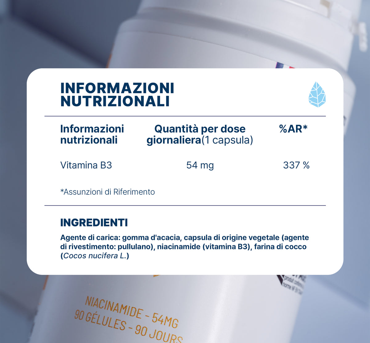 Valori nutrizionali di Vitamina B3 niacinamide Nutripure, 3x90 capsule (9 mesi)