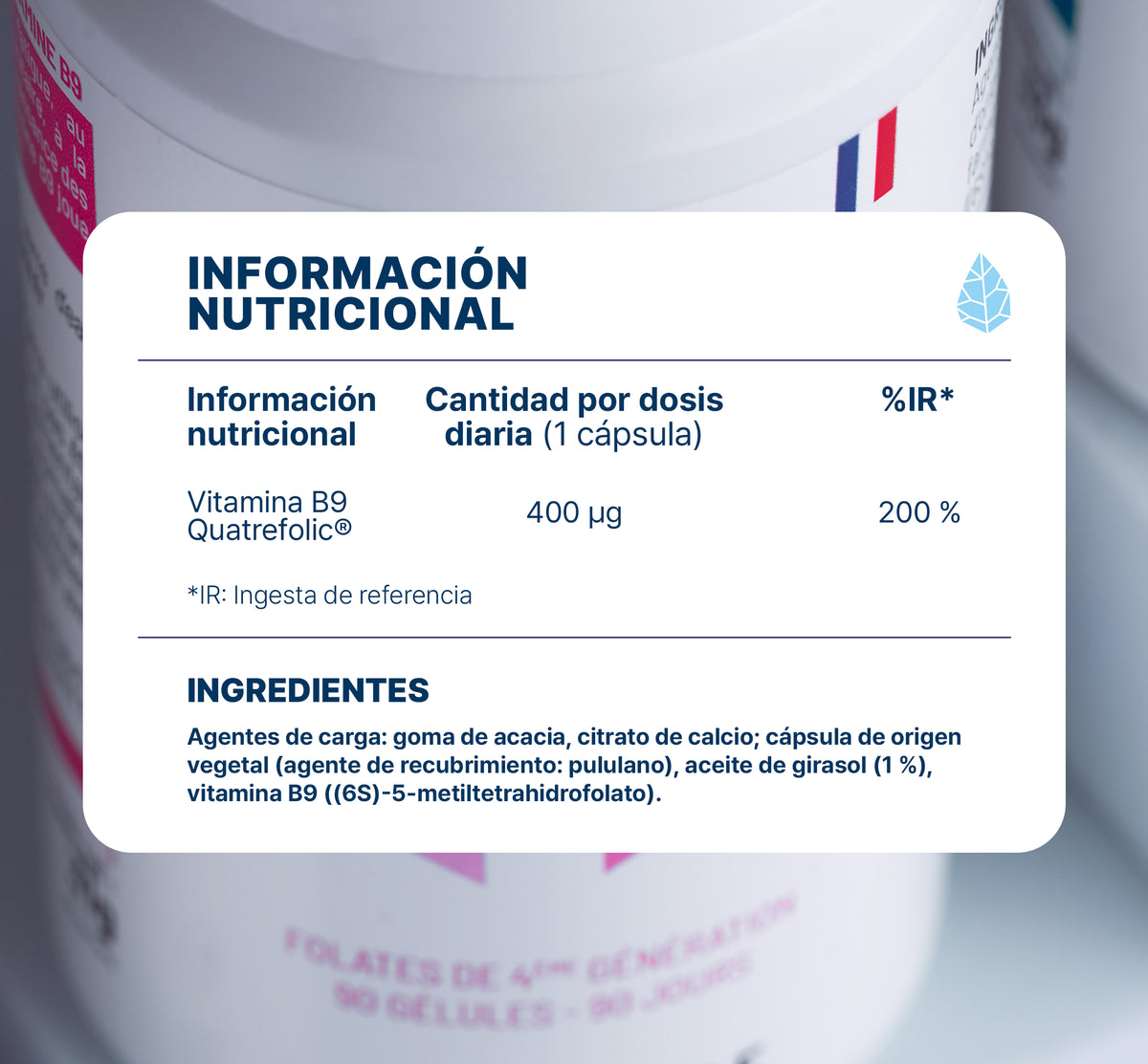 Valores nutricionales de Vitamina B9 Nutripure, 3x90 cápsulas (9 meses)