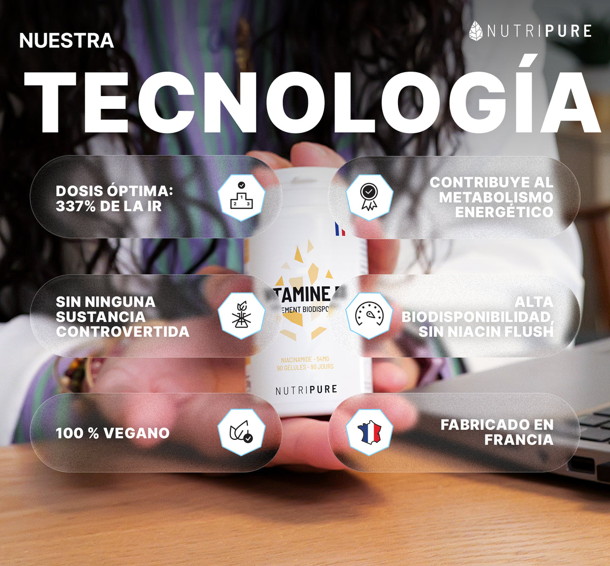 Tecnología y calidad de Vitamina B3 niacinamida Nutripure, 90 cápsulas (3 meses)